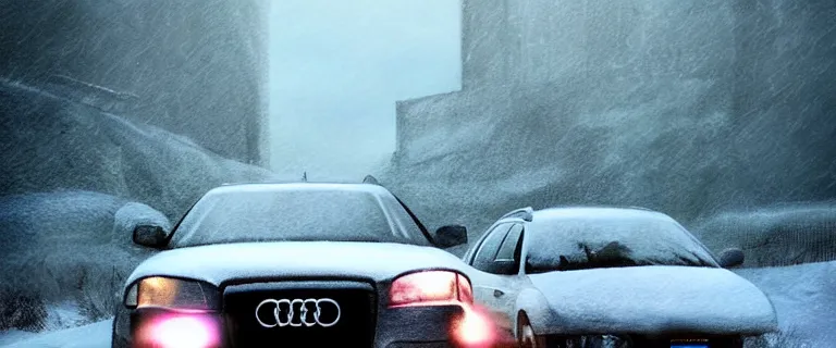 Image similar to Audi A4 B6 Avant (2002), a gritty neo-noir, Robot horror, dramatic bright lighting, cinematic, establishing shot, extremely high detail, photorealistic, cinematic lighting, artstation, by simon stalenhag, Snowy italian road, Snowy Apennines, At night, Poets of the Fall - Late Goodbye