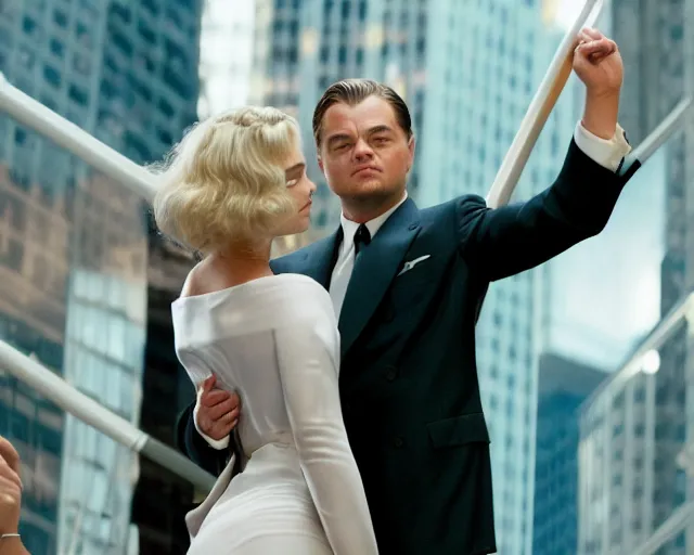 Image similar to leonardo dicaprio as the wolf of wall street holding hands with margot robbie, cinamtic, hyper detailed, 8 5 mm photograph, 8 k resolution, film still, sharp lens, wide lens