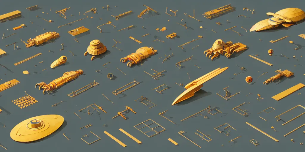 Prompt: collection of exploration of form and shapes, moebius, engine, props, hard surface, panel, simon stalenhag, kitbash, items, gadget, big medium small, close up, vehicles, futuristic, parts, machinery, greebles, insanely detailed, golden ratio, wes anderson color scheme, in watercolor gouache detailed paintings, sleek design, spaceship