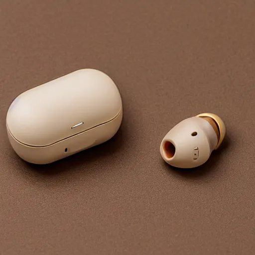 Image similar to a single beige truly wireless earbud with gold accents, beige case, studio, product photo