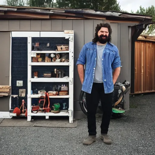 Image similar to a bearded king of the sea standing in his garage