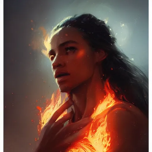 Image similar to a beautiful portrait of a fire goddess by greg rutkowski and raymond swanland, trending on artstation, flaming background, ultra realistic digital art