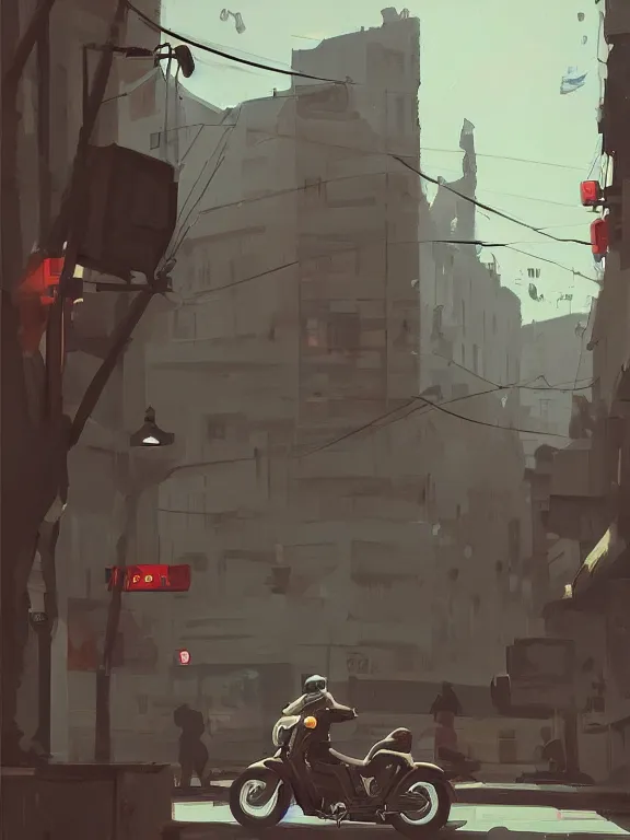 Image similar to a painting of a city street with a motorcycle parked on the side of the street by atey ghailan, artstation, plein air, streetscape, 2 d game art, isometric