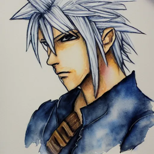 Prompt: portrait of Cloud Strife in watercolor