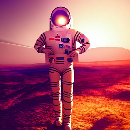 Image similar to A wide angle shot from below of a female astronaut with a feminine body walking with swagger towards camera on mars in an infinite universe , synthwave digital art