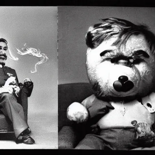 Image similar to professional picture of Joseph Stalin smoking a joint and sitting next to an anthropomorphic teddy bear on a couch, dslr, cinematic, detailed and realistic face,