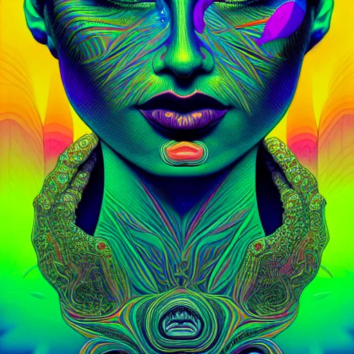 Image similar to An extremely psychedelic portrait, surreal, LSD, face, detailed, intricate, elegant, lithe, highly detailed, digital painting, artstation, concept art, smooth, sharp focus, illustration, art by Kilian Eng