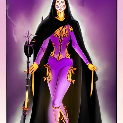 Prompt: an attractive female necromancer mage symmetrical, donned in black cloak with purple staff
