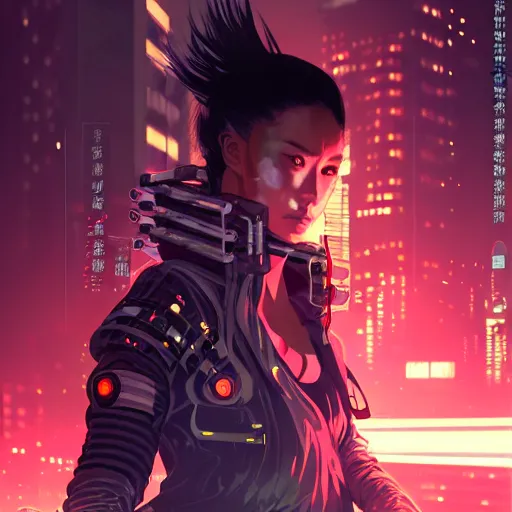 Prompt: candid action image of a fierce dangerous female cyberpunk hacker samurai in neotokyo at night, futuristic cyberpunk tokyo night, sci - fi and fantasy, intricate and very beautiful, highly detailed, digital painting, artstation, concept art, smooth and sharp focus, illustration, art by tian zi and wlop and alphonse mucha