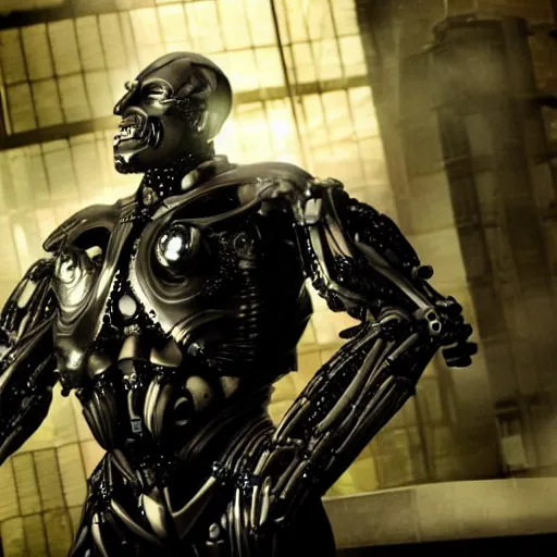 Prompt: movie still of man super villain cyborg, cinematic composition, cinematic light, by guillermo del toro
