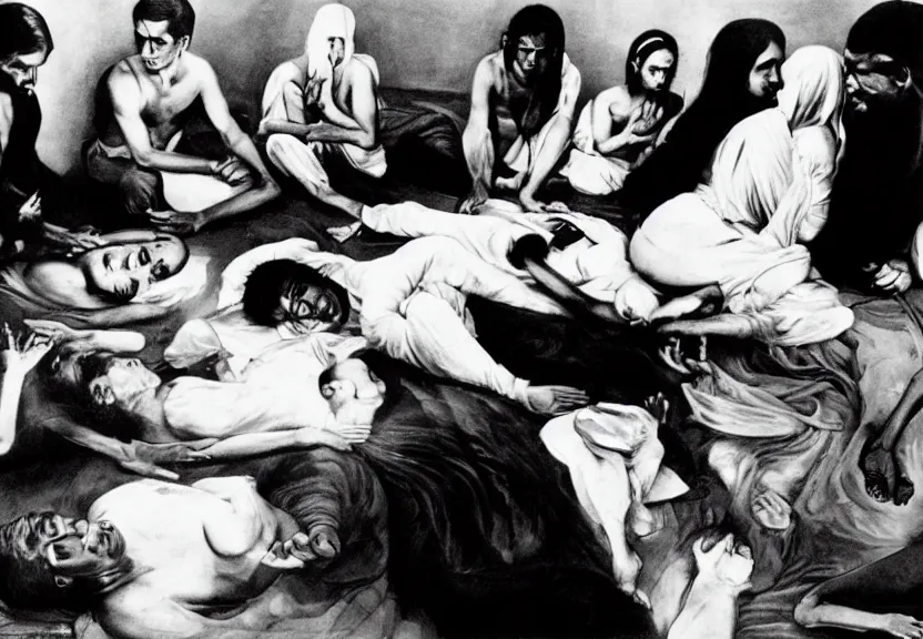 Image similar to smoke session for the ages: Gandhi , Obama, Jesus, And Lady GaGa in a circle on the floor getting high by Andy Warhol and Edward Curtis