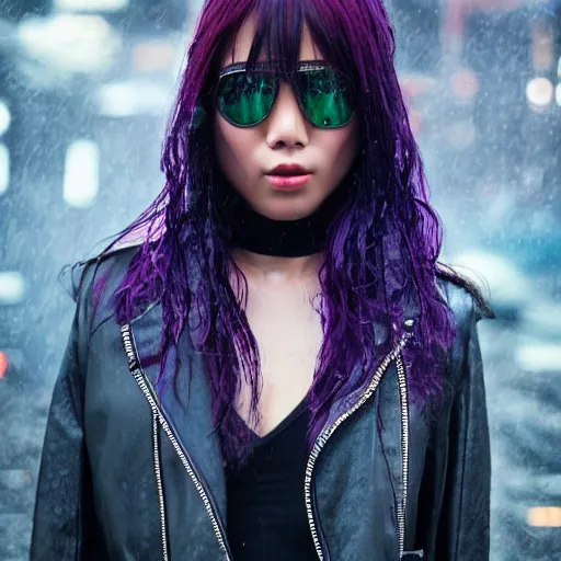 Prompt: photo of a gorgeous wet asian female with long dark purple hair in the style of stefan kostic, realistic, cyberpunk, leather jacket, aviators, mask, nighttime, rain storm, body shot, sharp focus, 8 k high definition, insanely detailed, intricate, elegant, art by stanley lau and artgerm, floating embers