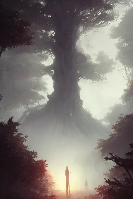 Image similar to a beautiful terrifying tree giant looms over a tiny human. epic dawn, ethereal fantasy art by greg rutkowski