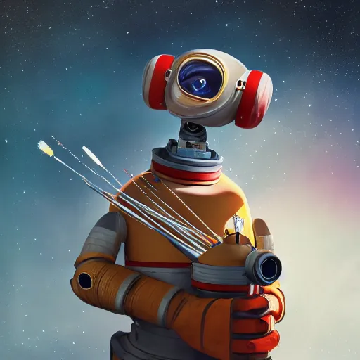 Image similar to portrait of space robot holding multiple big paintbrushes, painting a canvas, cute, pixar, photorealism 4 k, octane render, clean design, beautiful light