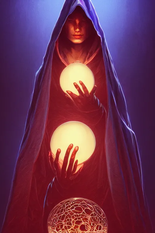 Prompt: wizard in a hooded cloak gazing into a crystal ball, high details, intricately detailed, by vincent di fate, artgerm julie bell beeple, inking, 3 color screen print, masterpiece, trending on artstation, cinematic composition, dramatic pose, volumetric lighting, sharp, details, hyper - detailed, hd, 4 k, 8 k