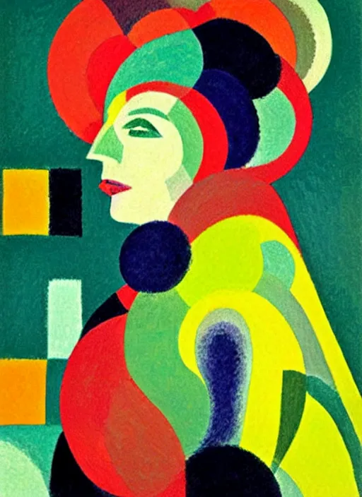 Image similar to an extreme close-up abstract portrait of a lady enshrouded in an impressionist representation of Mother Nature and the meaning of life by Sonia Delaunay and Igor Scherbakov, abstract colorful lake garden at night, thick visible brush strokes, figure painting by Anthony Cudahy and Rae Klein, vintage postcard illustration, minimalist cover art by Mitchell Hooks