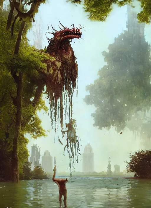 Image similar to huge towering beastly monstrous creature emerging from lake in urban park on sunny day, splashing, partially submerged, water cascading, by sergey kolesov and lawrence alma tadema and norman rockwell and greg staples and craig mullins and john berkey and ruan jia, artstation creature art