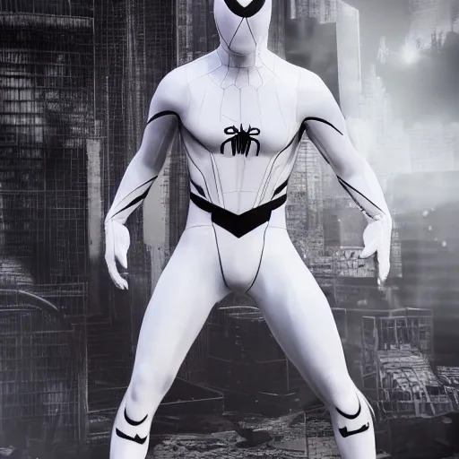 Image similar to white spider - man suit with black web lining, cinematic, volumetric lighting, realistic, hyperdetailed, photorealistic, photograph