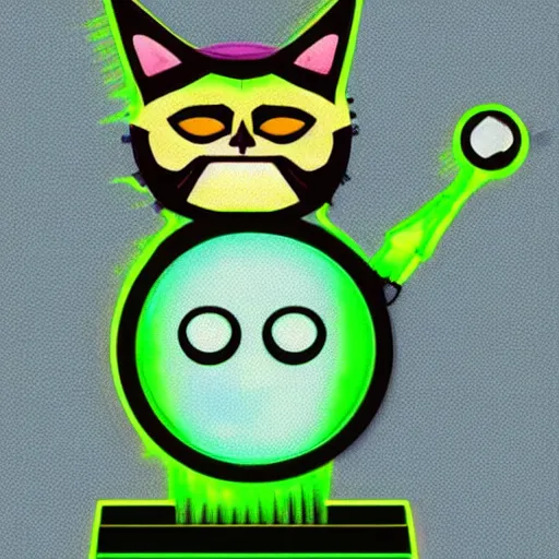 Image similar to grumpy cat with a vintage sci-fi CRT monitor for a head showing a glowing green pixelated emoji-style smiley face, matte gouche sci-fi ink illustartion on dark paper, highly detailed movie poster