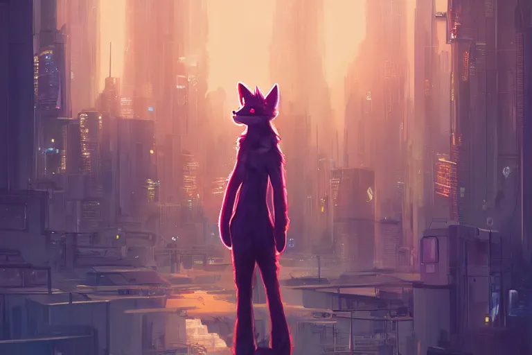 Prompt: a fox fursona with a fluffy tail in a cyberpunk city, trending on artstation, by kawacy, neon backlighting, furry art