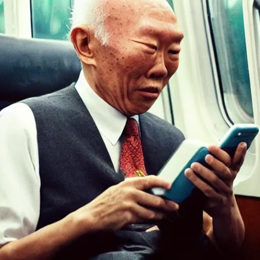 Image similar to candid photo of Lee Kuan Yew squinting disapprovingly at his phone while riding the train