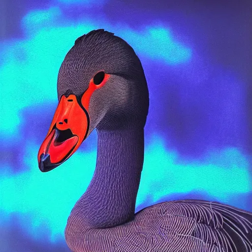 Prompt: portrait of an ethereal greylag goose made of blue and red light, divine, cyberspace, mysterious, dark high-contrast concept art