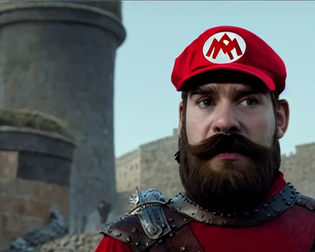 Prompt: promotional image of real life super mario in game of thrones, realistic, red cap with a capital M, dark scruffy hair, beard stubble, red clothes, detailed face, movie still frame, promotional image, imax 70 mm footage