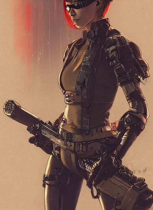 Image similar to nikki tanaka. cyberpunk mercenary in tactical harness and jumpsuit. dystopian. portrait by stonehouse and mœbius and will eisner and gil elvgren and pixar. realistic proportions. cyberpunk 2 0 7 7, apex, blade runner 2 0 4 9 concept art. cel shading. attractive face. thick lines. moody industrial landscape.