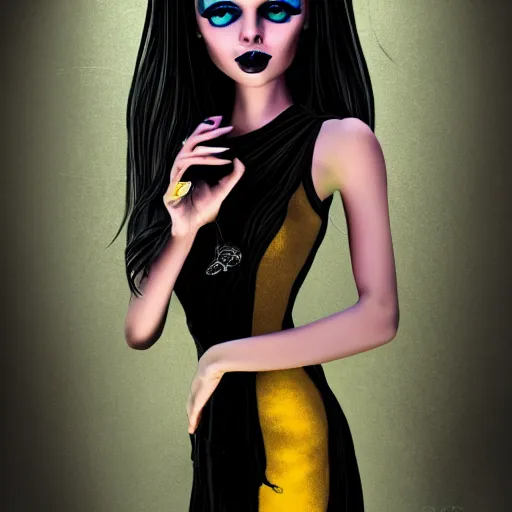 Prompt: a woman wearing a yellow dress with one leg revealed, detailed body and face with pink lips and blue eyes, gothic atmosphere, digital art, highly detailed, high contrast, beautiful lighting, award winning, trending on art station, photorealistic, 8 k,