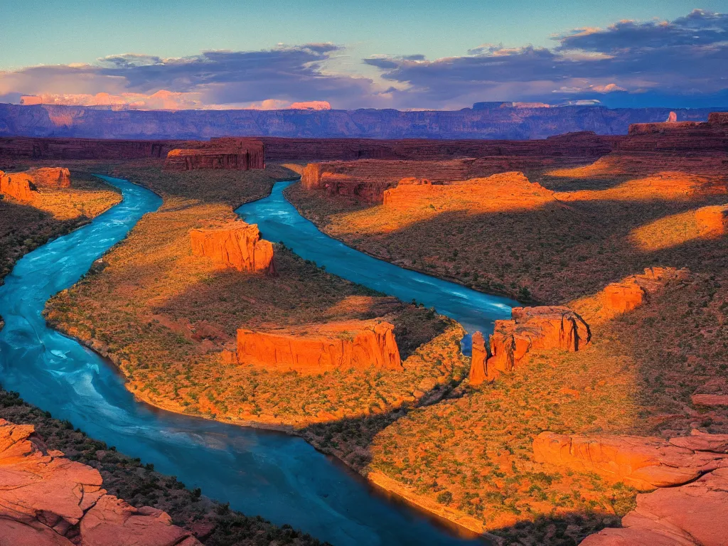 Image similar to “a river bend running through a canyon surrounded by desert mountains at sunset, moab, utah, a tilt shift photo by Frederic Church, trending on unsplash, hudson river school, photo taken with provia, national geographic photo”