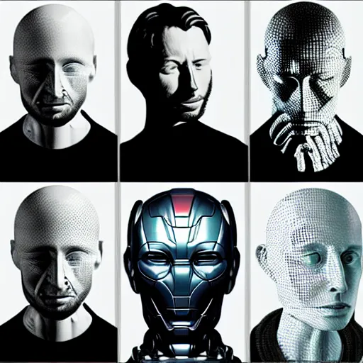 Prompt: version collage, hyper realistic, many variations of very old thom yorke, face variations, statue of ultron body, very long shot, cybernetic, high quality, brush stroke