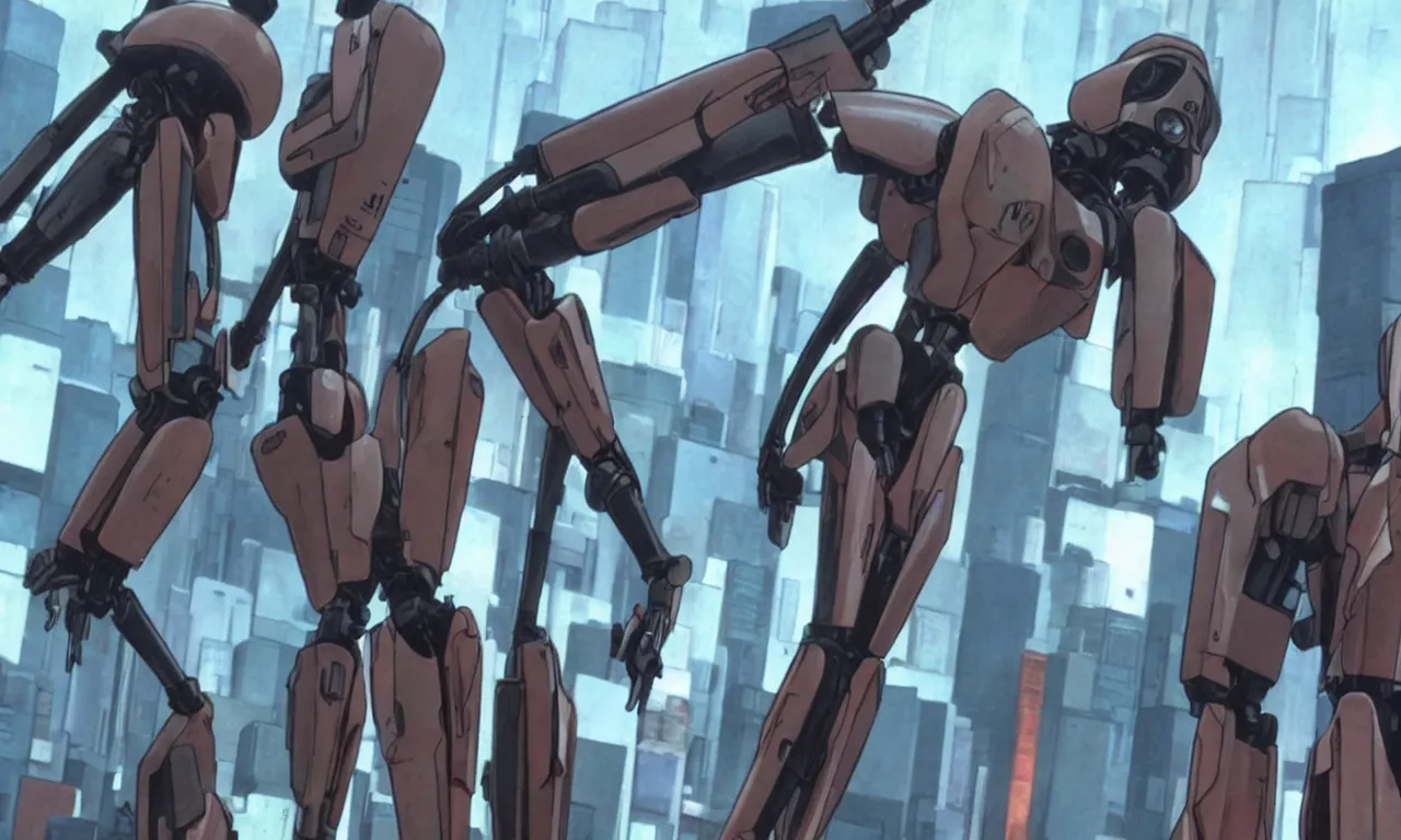 Prompt: a still shot of battle droid from ghost in the shell anime