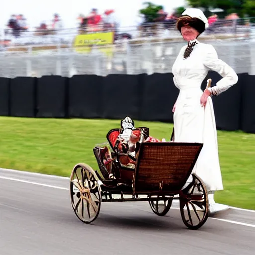 Image similar to lady catherine de bourgh drives her barouche box on the formula 1 circuit of le mans. cinematic, technicolor, highly intricate