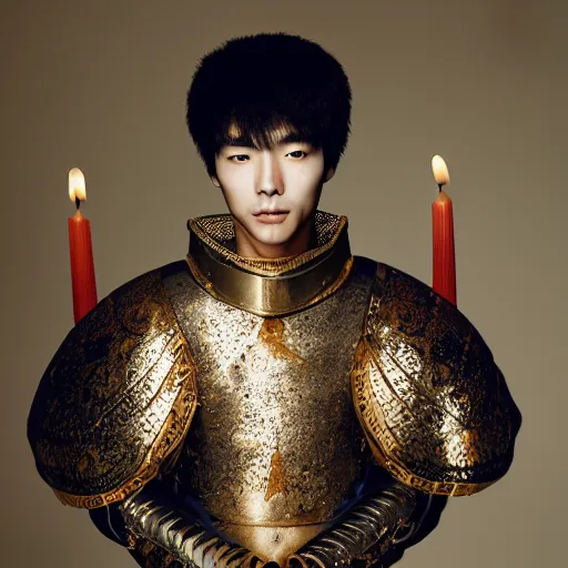 Image similar to a portrait of a beautiful korean young male wearing an alexander mcqueen armor made of wax candles , photographed by andrew thomas huang, artistic