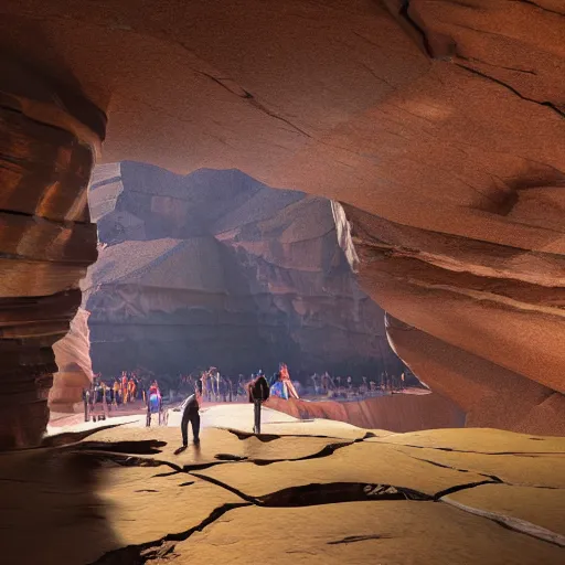 Prompt: canyon with steep rock walls on each side and a constructed stage in the center with people putting on a performance, high quality digital art, cinematic lighting, 4 k, concept art