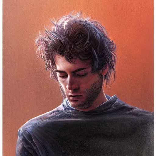 Image similar to a head - on portrait of a 2 0 - something man, brown messy hair, by wayne barlowe and charlie bowater