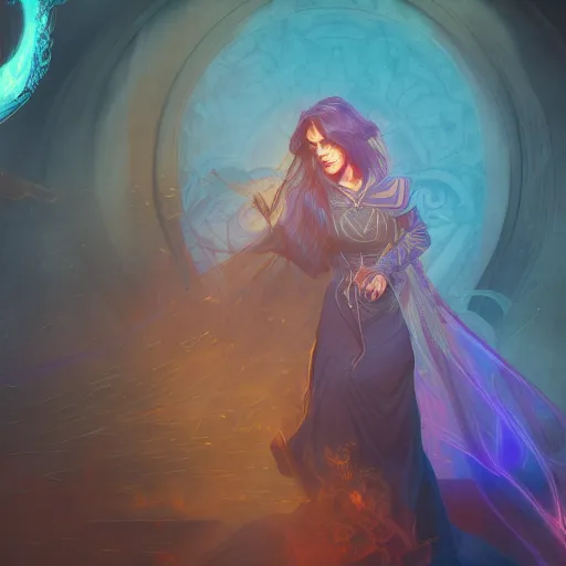 Image similar to portrait of a female sorcerer using magic, blueish aura by her side, dynamic pose, chromatic aberration, medium level shot, grim fantasy, illustration, mucha style, concept art,