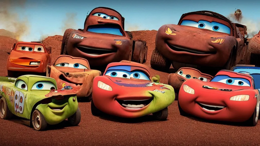 Image similar to pixar cars movie with mad max vehicles