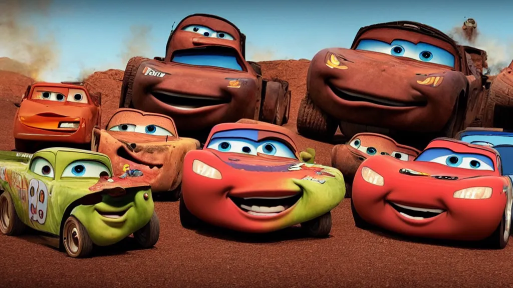 Prompt: pixar cars movie with mad max vehicles