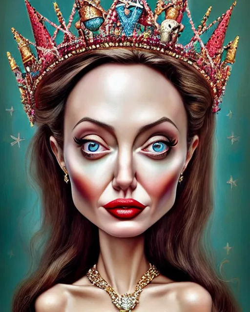 Image similar to closeup profile portrait of a tin toy angelina jolie as a fairytale princess wearing a crown and sitting on a throne, bikini, hyper realistic, artstation, illustration, nicoletta ceccoli, mark ryden, lostfish, max fleischer, digital paint, matte paint, vivid colors, bright, cheerful, detailed and intricate environment