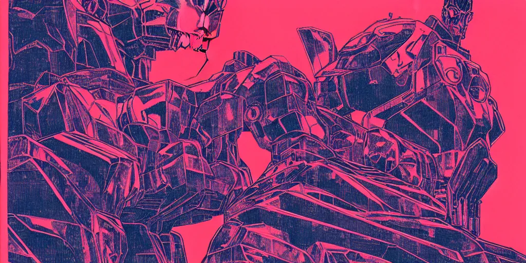 Image similar to risograph grainy painting of gigantic huge evangelion - like complicated agundam mech face with a lot of details and lasers covered ooze, by moebius and dirk dzimirsky and satisho kon, close - up wide portrait