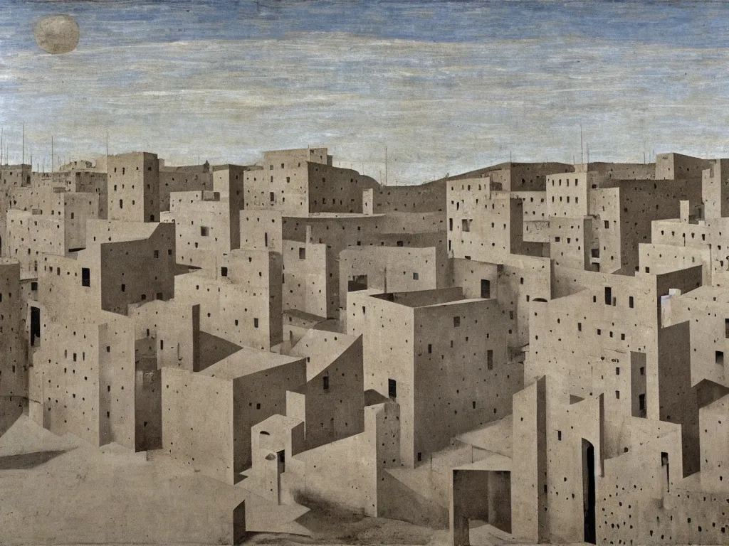 Image similar to Streets of a deserted, brutalist city that now fill with dust, sand, smoke. Dark blue sky, dried thujas. Painting by Piero della Francesca, Morandi, Yves Tanguy