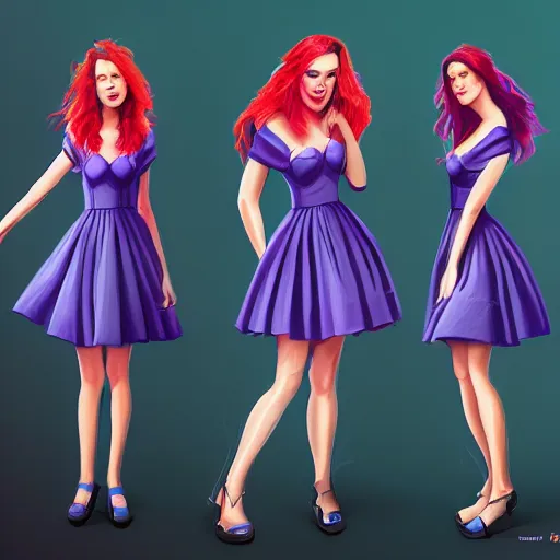 Image similar to twins wearing a purple and blue dress, full body shot, red hair, highly detailed, digital painting, artstation, concept art, smooth, sharp focus, illustration