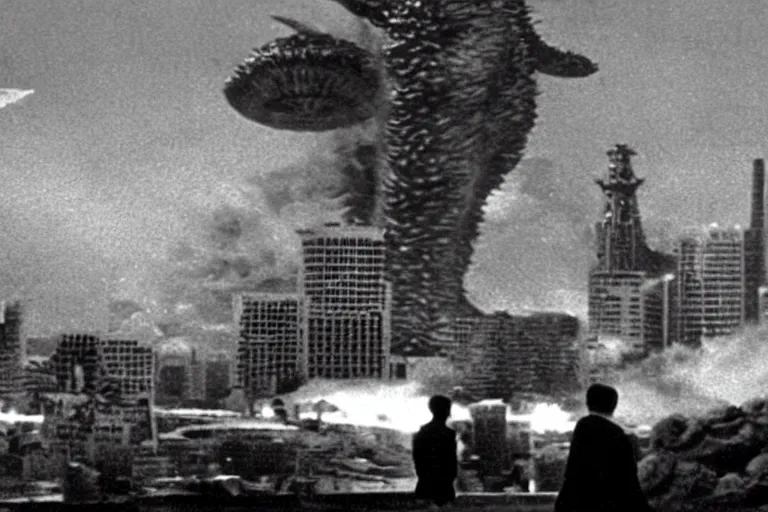 Image similar to a filmstill of Kim Jong-il and a Starro Kaiju monster destroying Pyongyang, in Godzilla (1954) by Ishirō Honda, traditional Korean city, palace, epic ultrawide shot, cinémascope