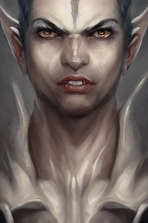 Prompt: djinn man male demon, portrait, full body character concept art, costume design, illustration, white horns from eyebrows, single face, cinematic color grading, editorial photo, fashion, hyperrealism, trending on artstation, Charlie Bowater, WLOP