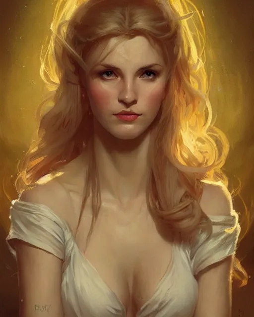 Image similar to '' Portrait of Beautiful blonde Slavic woman in her early 30’s, league of legends, LOL, fantasy, d&d, digital painting, artstation, concept art, sharp focus, illustration, art by greg rutkowski and alphonse mucha ''