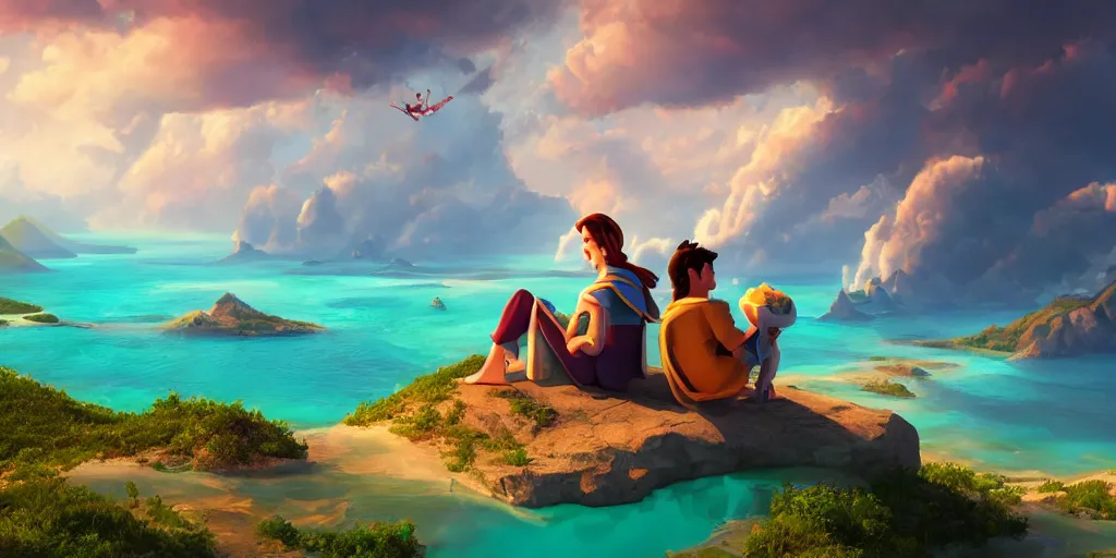 Prompt: a beautiful couple sitting on a cloud in the sky above emerald lagoon of Sint-Marteen, mattepainting concept Blizzard pixar maya engine on stylized background global illumination lighting artstation in the style of The Road to El Dorado