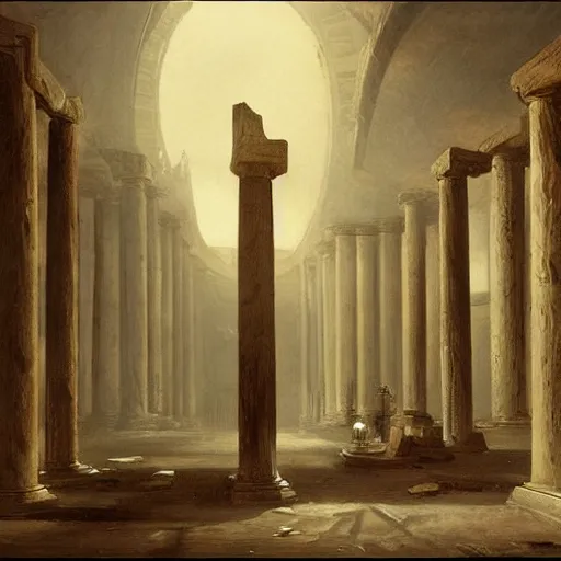 Prompt: painting of a scifi ancient civilzation alien empty room with pillars, andreas achenbach