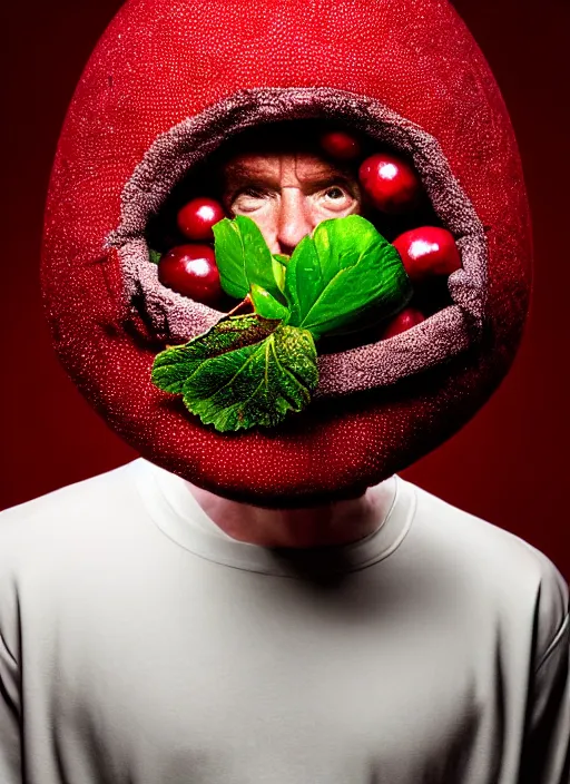 Image similar to bryan cranston cranberries spilling from mouth, cranberry helmet, studio light, bloom, detailed face, magazine, press, photo, steve mccurry, david lazar, canon, nikon, focus