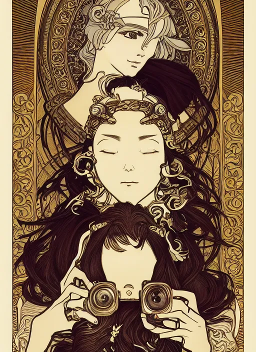 Image similar to photographer looking through camera, design on white background, gnarly details, gold, drawn by studio ghibli, alphonso mucha, lolish, trending on artstation